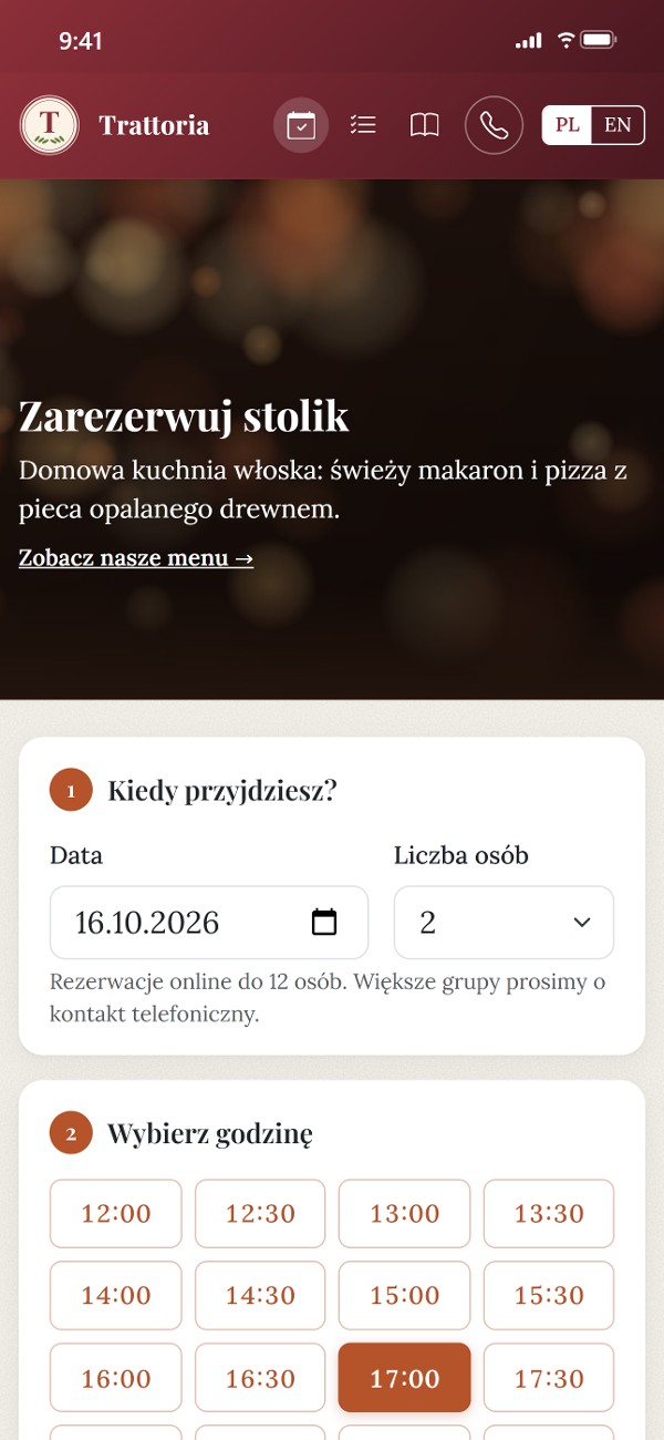 Wybór godziny na stronie rezerwacji trattorii ze zdjęciem lokalu w nagłówku