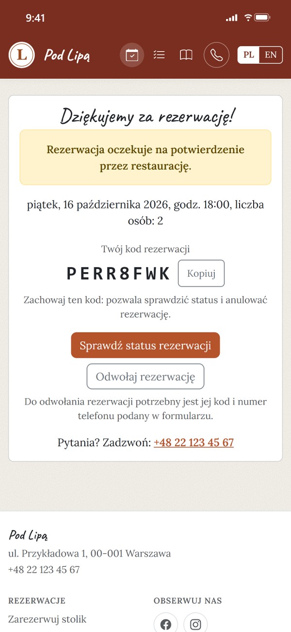 Potwierdzenie z kodem rezerwacji w kawiarni z nagłówkami pisanymi odręcznie
